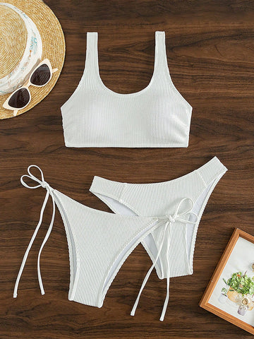 Women's Pure Color Bikinis Set, 3pcs Stainless Underwire-Free Swimsuit With Knotted Side Wedding