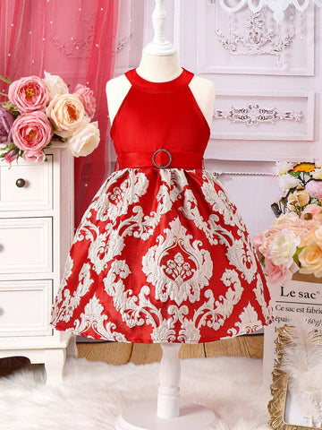 Young Girl's Vintage Party Jacquard Halter Neck Dress