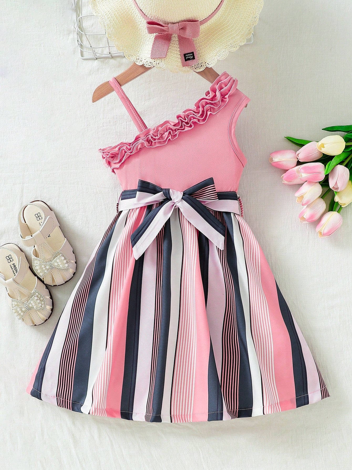 Young Girl Toddler's Pink Asymmetrical Collar Sleeveless Striped And Floral Dress With Ruffled Edge And Belt, Spring/Summer