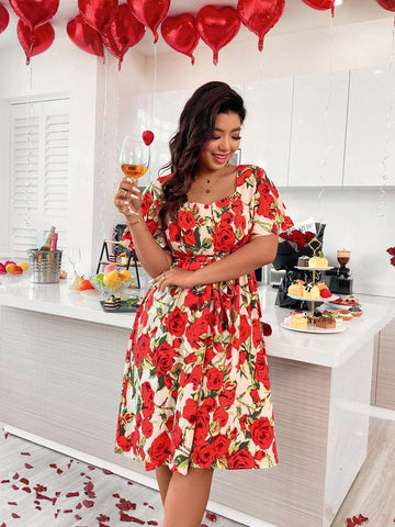 Plus Size Square Neck Floral Print Dress