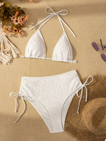 Women's Halter Pattern Embossed Triangle Bikini Set With Padded Top And Drawstring Side Bottom