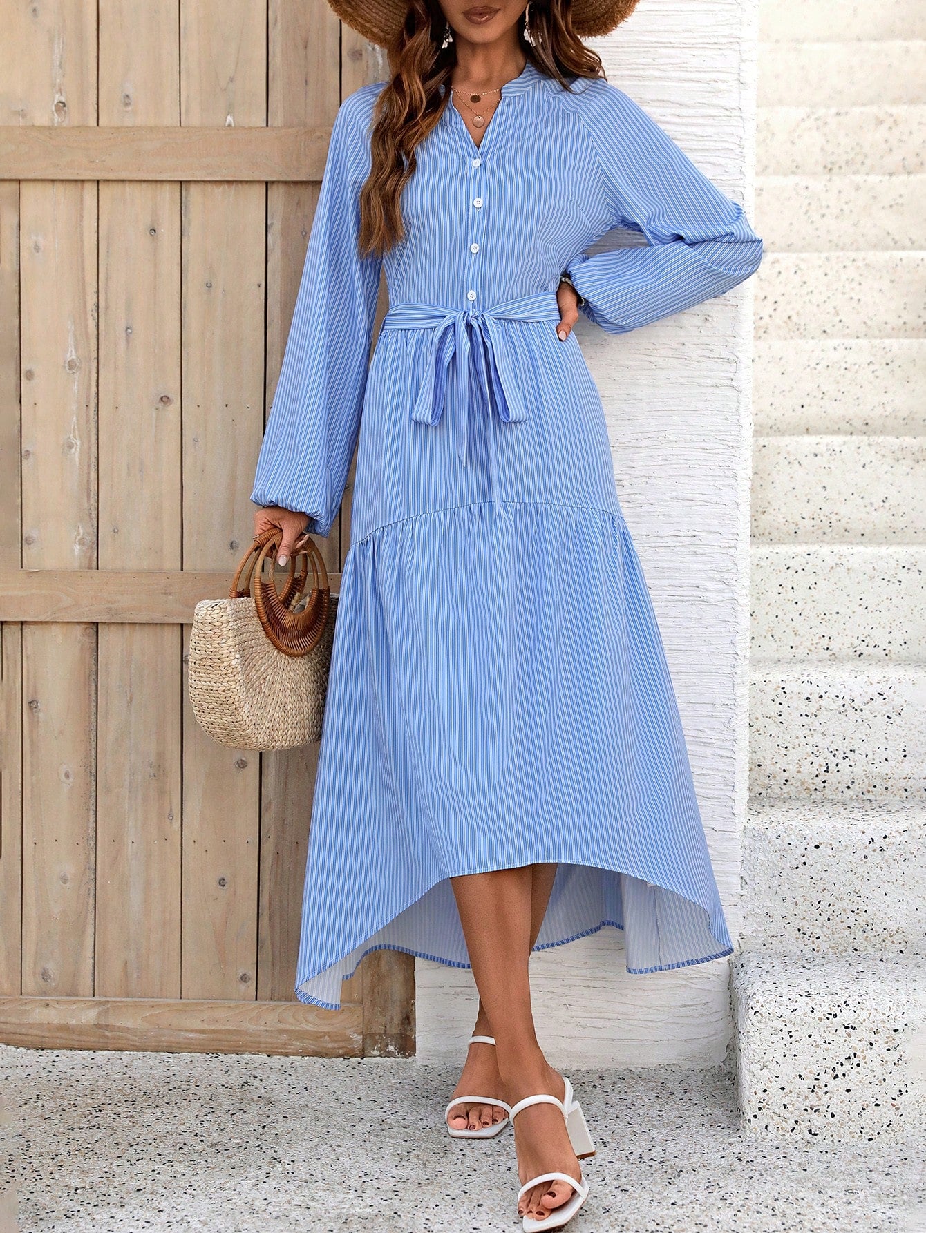 European & American Style Fashionable Striped Lantern Sleeve Long Sleeve Dress For Early Spring