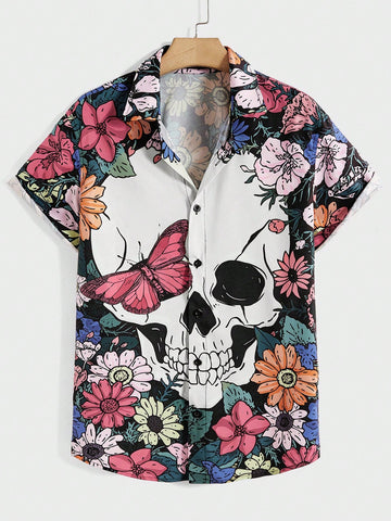 Men's Loose Fit Shirt With Skull, Butterfly & Flower Prints