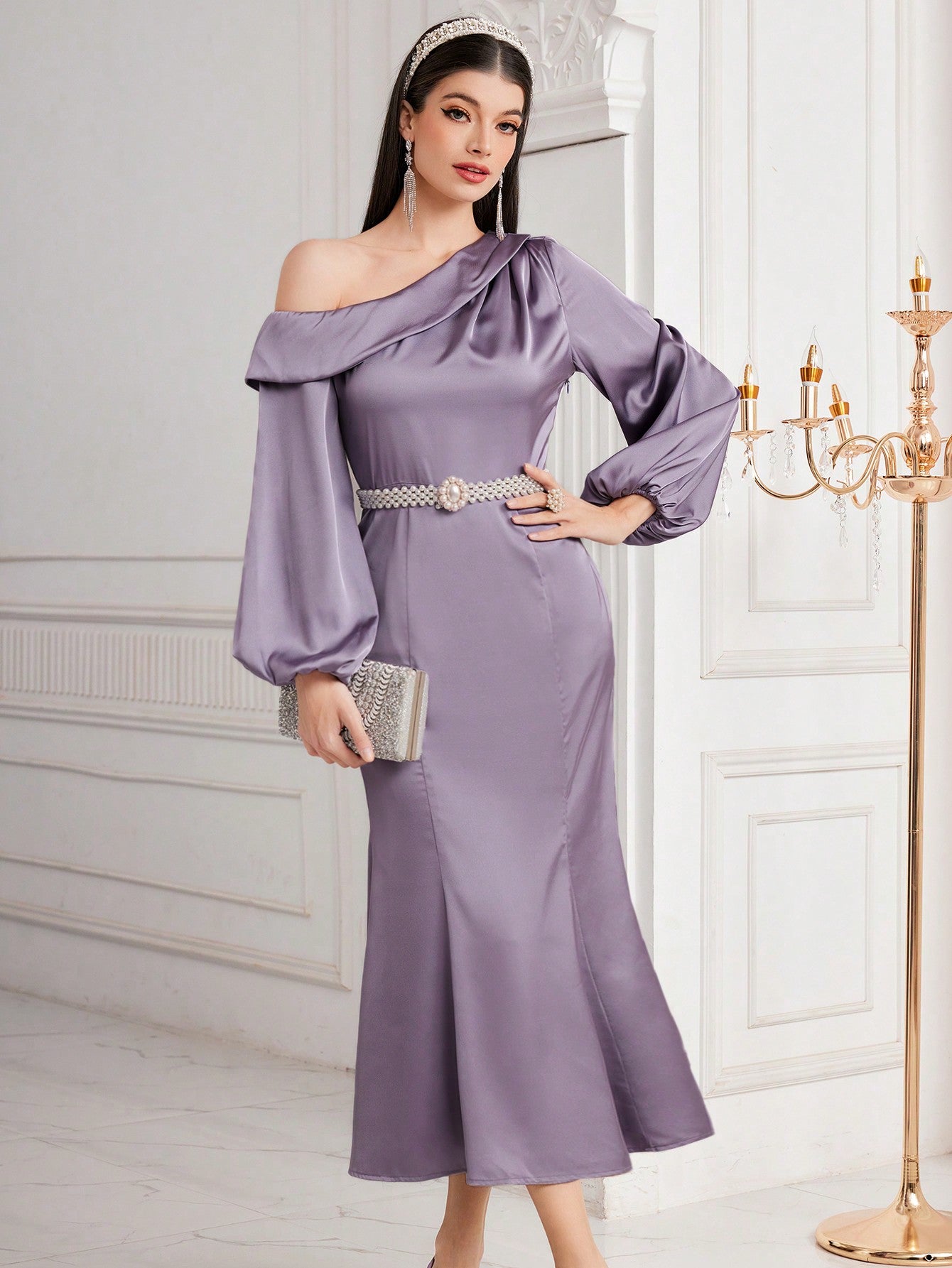 Women's Asymmetric Neckline Lantern Sleeve Mermaid Dress