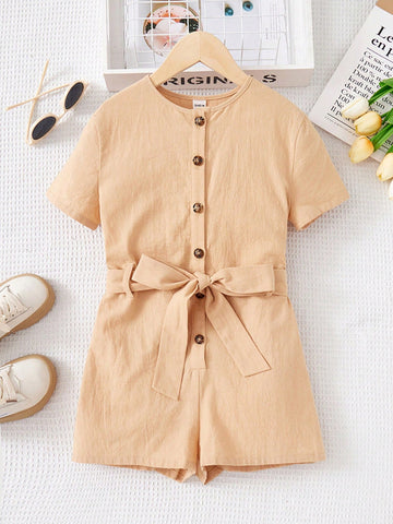 Tween Girl Woven Button Front Belted Casual Romper