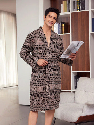 Men's Geometric Patterned Bathrobe For Home Use