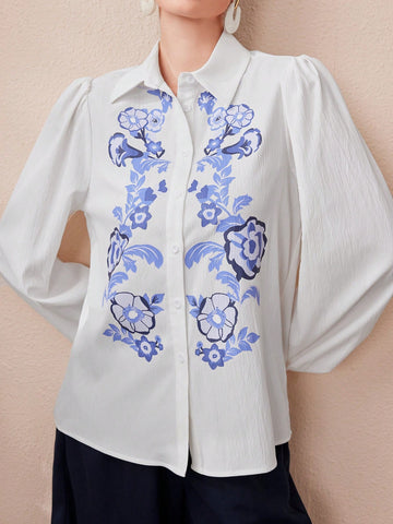 Women's Floral Print Lantern Sleeve Shirt With Prominent Positioning Printing