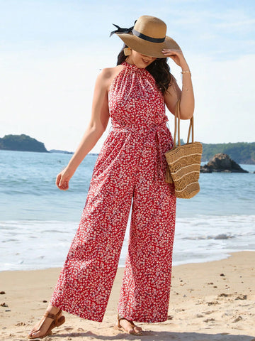 Plus Size Halter Neck Floral Jumpsuit