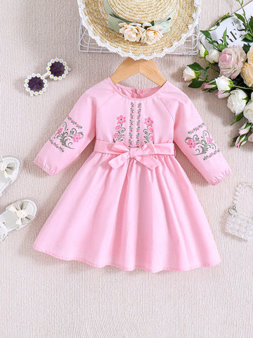 Baby Girl Casual Floral Pattern Long Sleeve Midi Dress With Belt, Perfect For Vacation