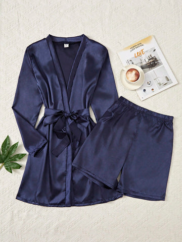 Teen Boys' Navy Blue Simple & Fashionable Satin Shorts And Robe Set For Homewear