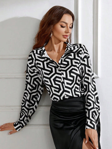 Ladies' Geometric Print Long Sleeve Shirt