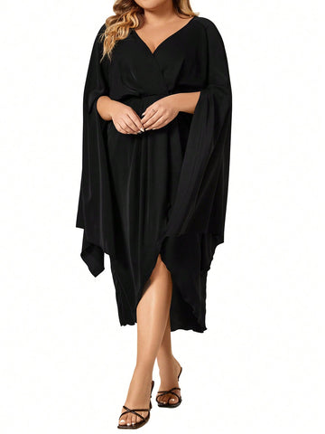 Plus Size Exaggerated Bell Sleeve Wrap Dress