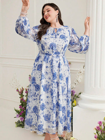 Plus Size Full Printed Front Tie Long Sleeve Dress