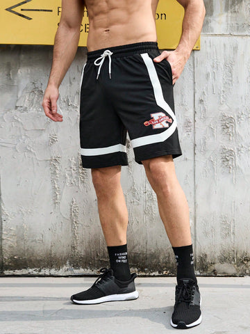 Men's Colorblock Letter Print Drawstring Waist Sports Shorts