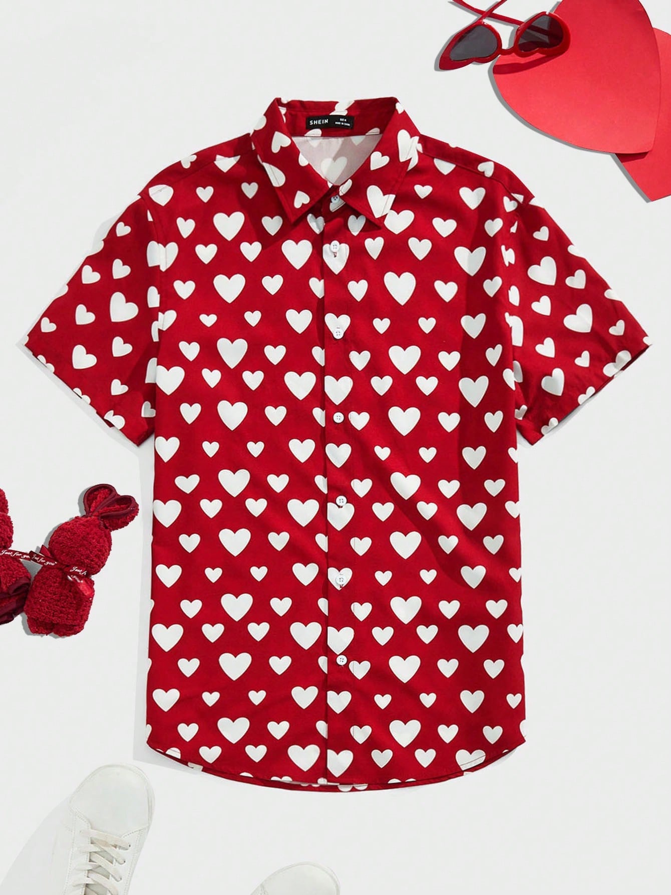 Men's Woven Casual Heart Print Shirt