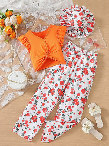 Teen Girl Flower Printed T-Shirt, Pants, And Cap 3pcs/Set