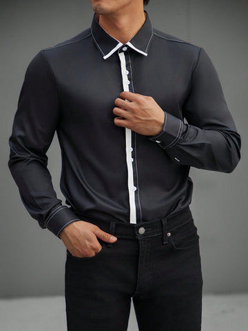 Men's Color Block Decorated Long Sleeve Shirt