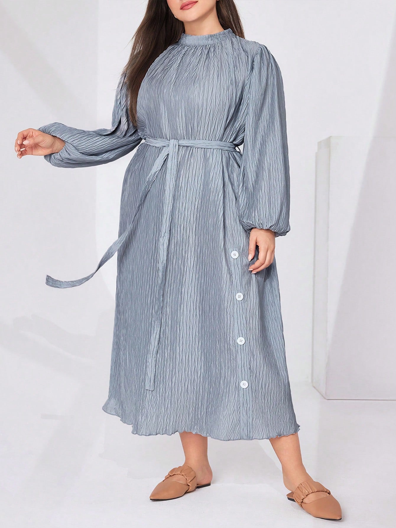 Plus Size Women'S Textured Material Lantern Sleeve Dress