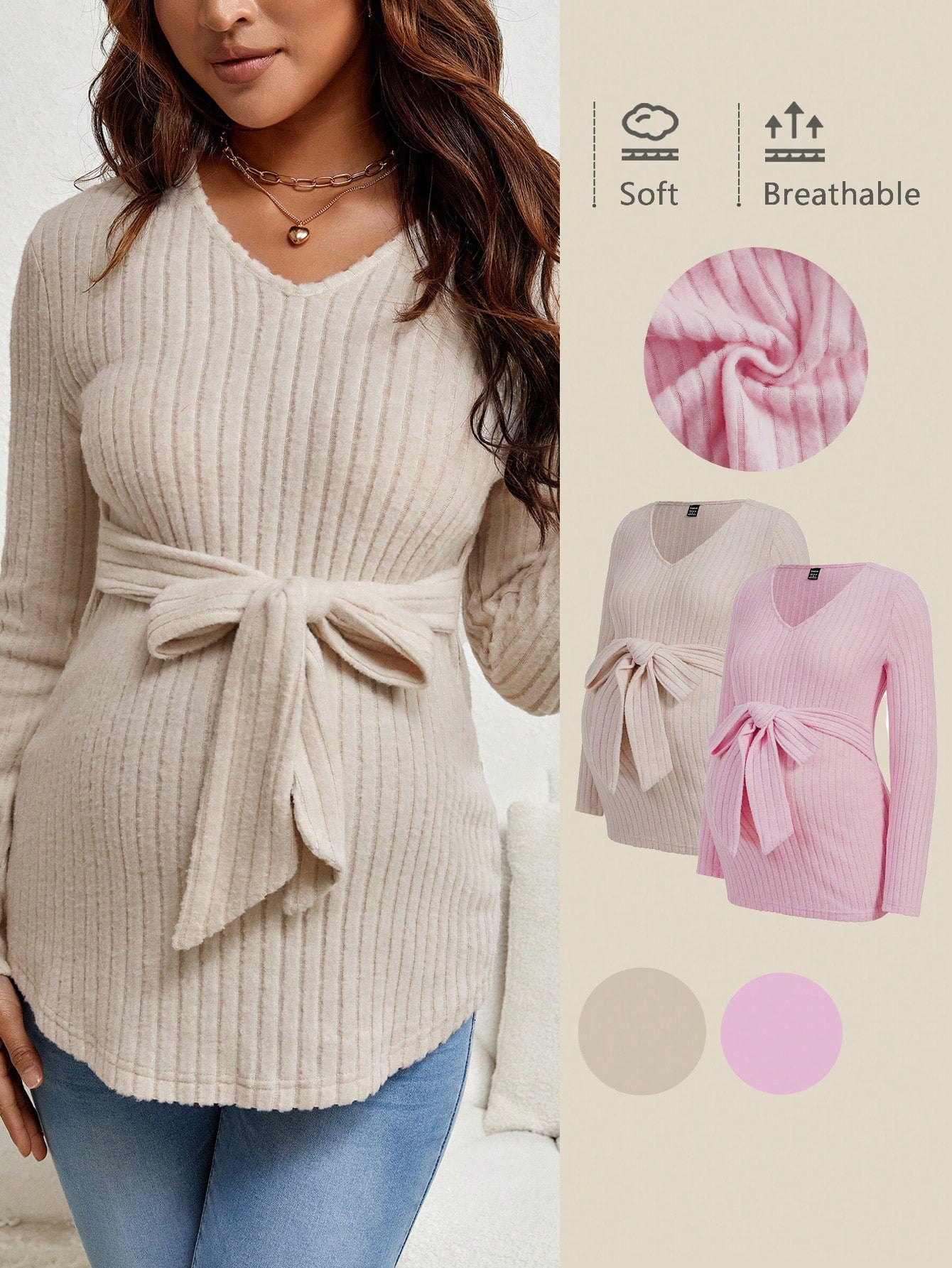 Maternity Solid Ribbed Knit Belted T-Shirt