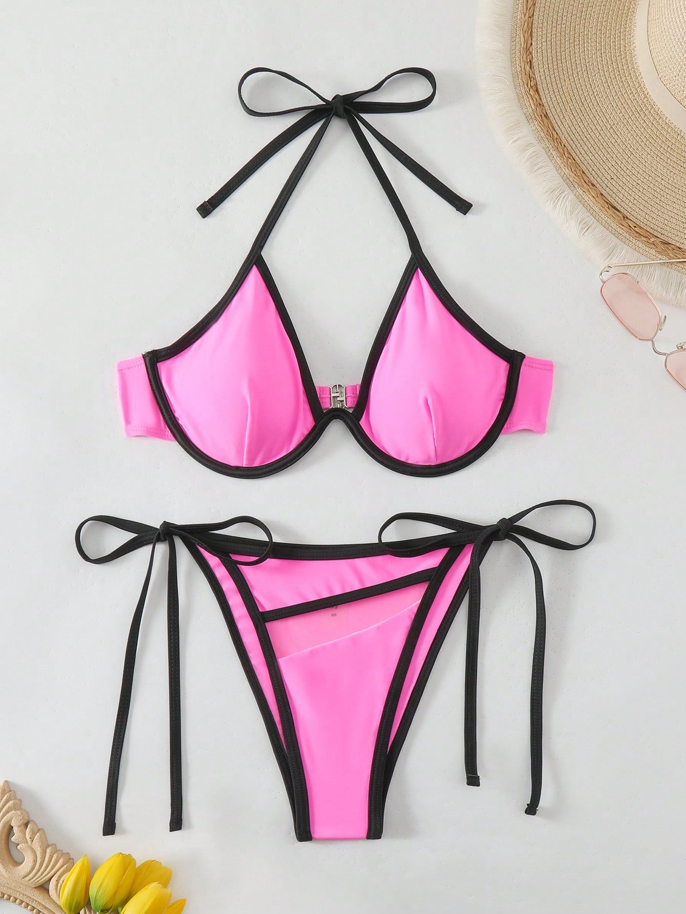 Color Blocking Edge Stitching Bikini Set With Steel Ring