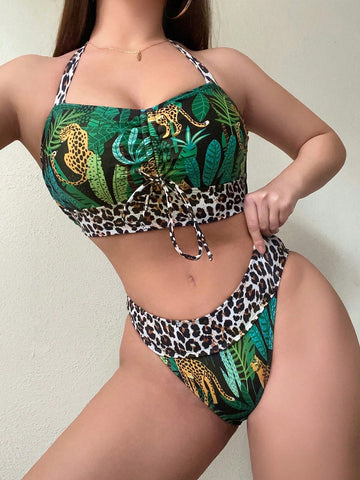 Women'S Leopard Print And Tropical Pattern Splicing Halter Neck Bikini Set Carnival, Vocation Swimsuit