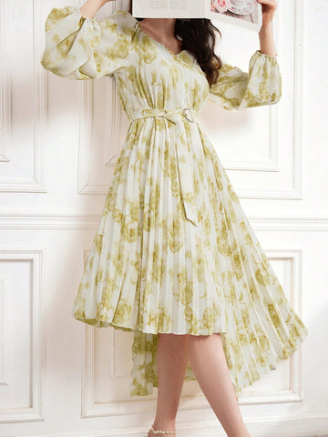 Women's Floral Printed Sweetheart Collar Lantern Sleeve Asymmetrical Hem Dress