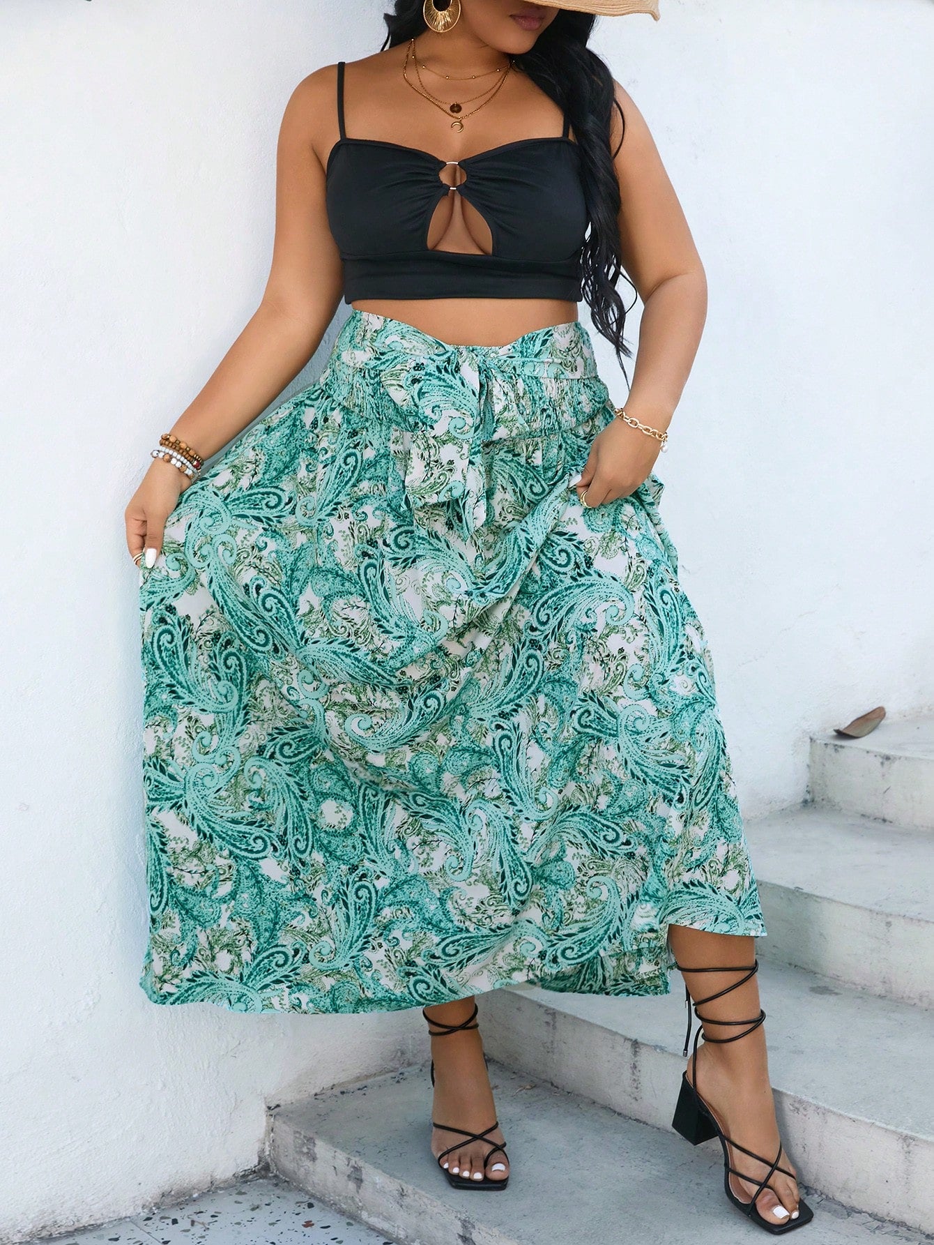 Plus Size Women's Vacation Style Paisley Pattern Printed Midi Skirt For Summer