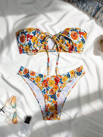 Women's Floral Printed Bandeau Bikini Set Carnival