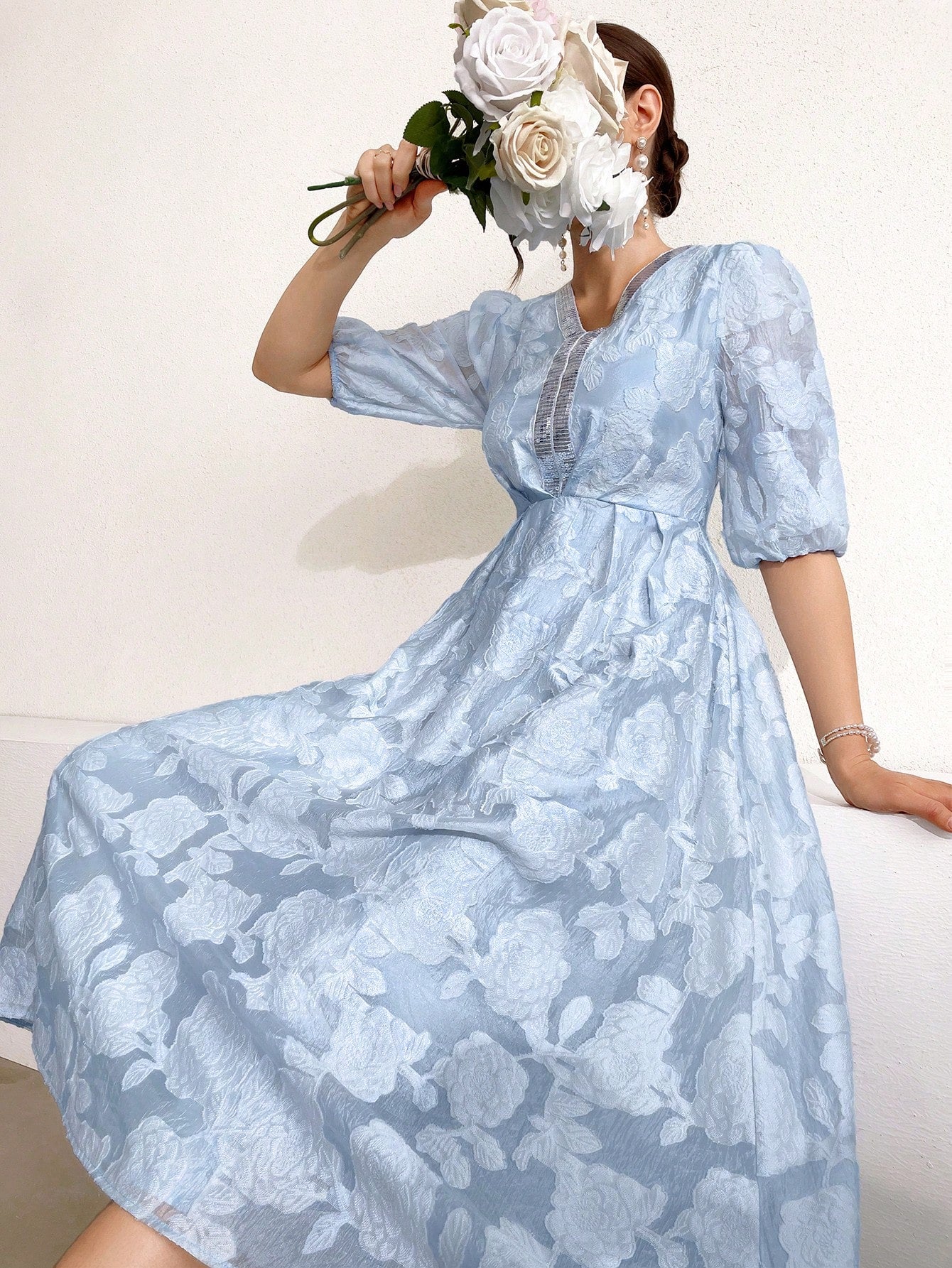 Women's Floral Jacquard Sparkly Ribbon Patchwork Dress