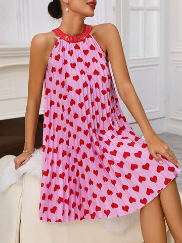 Women's Heart Print Pleated Halterneck Dress