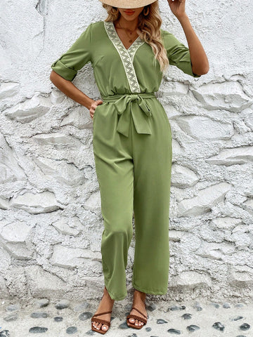 Patchwork Tied Waist Rolled Sleeve Jumpsuit With A Fabric Belt