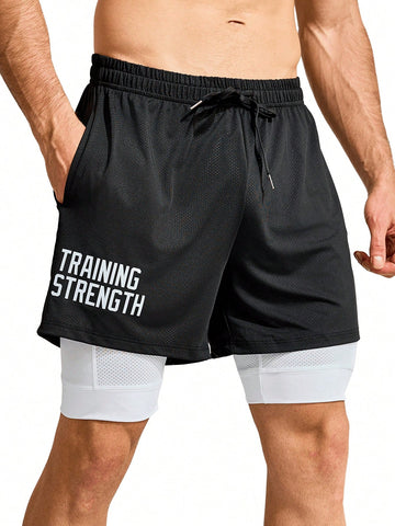 Men's Drawstring Waist Two-In-One Athletic Shorts With Letter Print