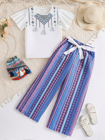 Tween Girl Tassel Decor Geometric Print Tee And Wide Leg Pant