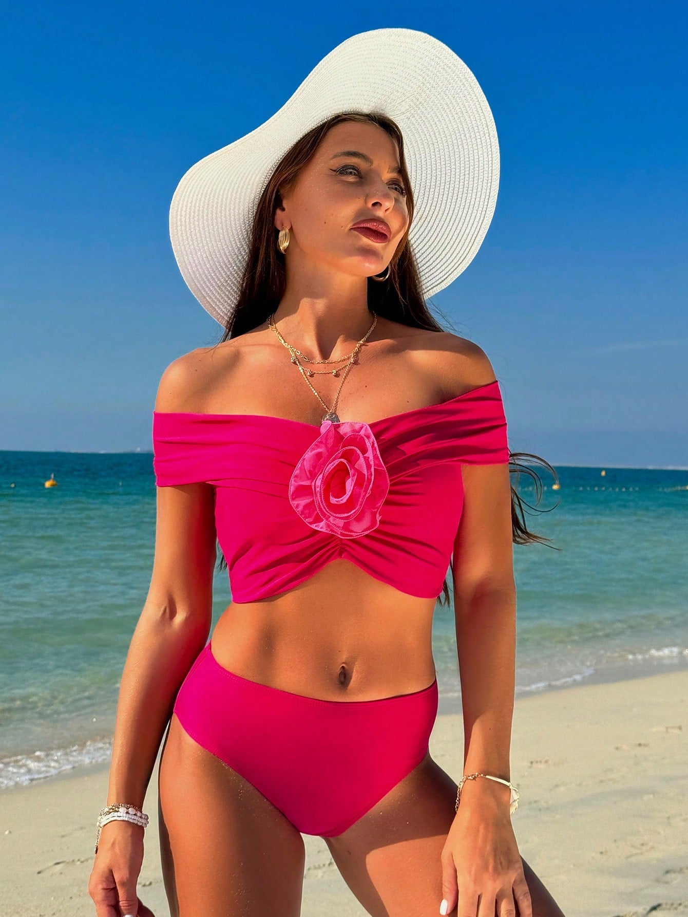 Off-Shoulder Bikini Set With 3d Flower Decoration And Triangle Bottoms Valentine