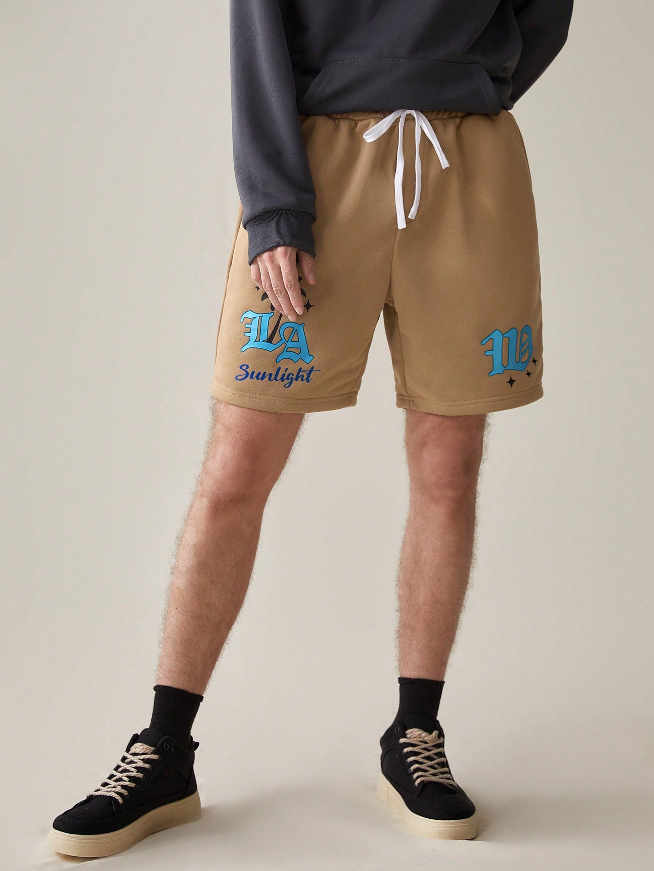 Men'S Letter Print Drawstring Waist Knitted Shorts