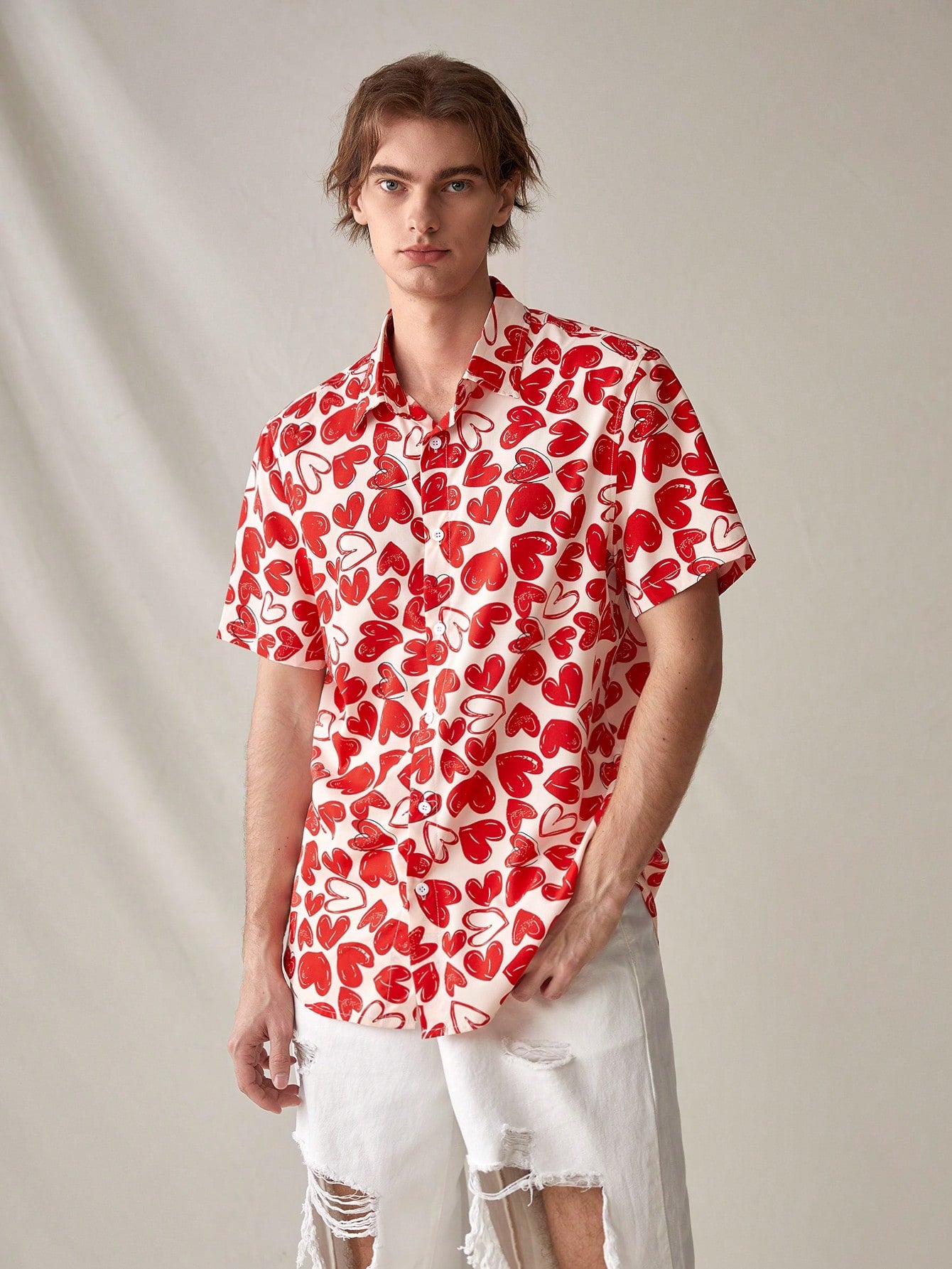 Men'S Casual Woven Shirt With Heart Print Pattern