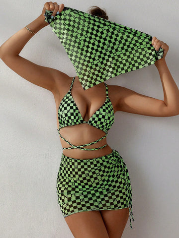 Women's Plaid Halter Neck Two-Piece Swimsuit