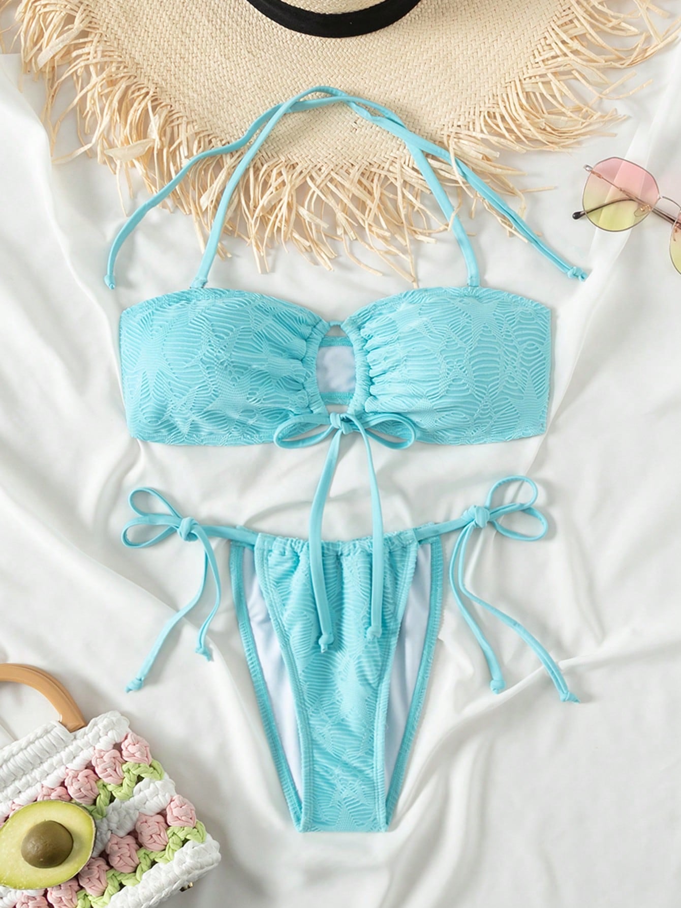 Solid Texture One Piece Swimsuit Set