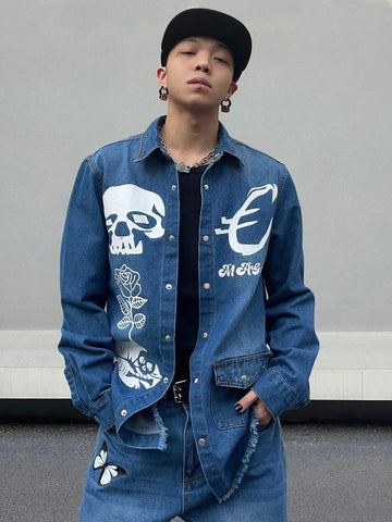 Men's Skull & Floral Print Long Sleeve Denim Shirt