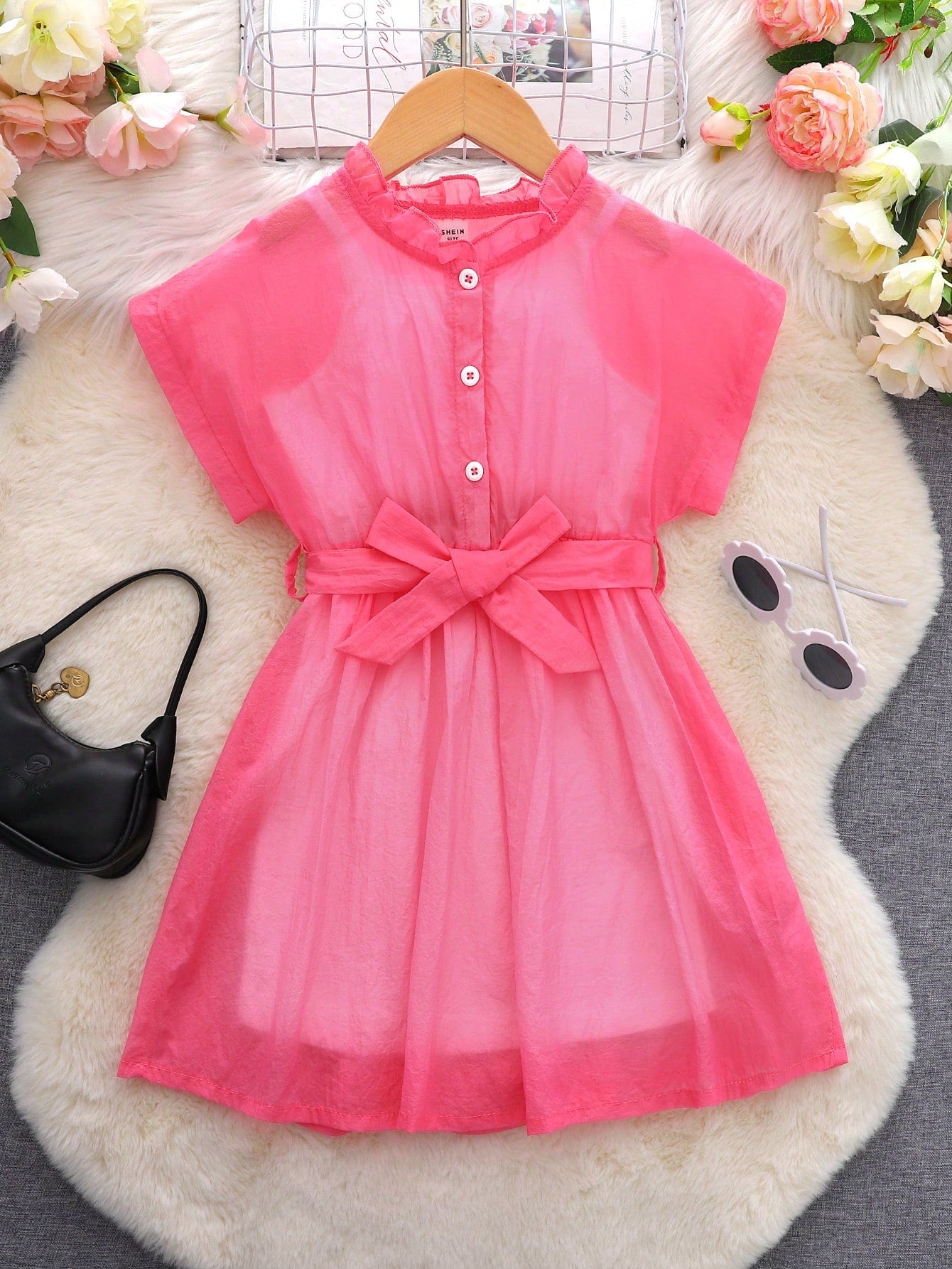 Young Girl's Stand Collar Chiffon Batwing Sleeve Detail Matching Waist Belt Dress Set, Casual Style