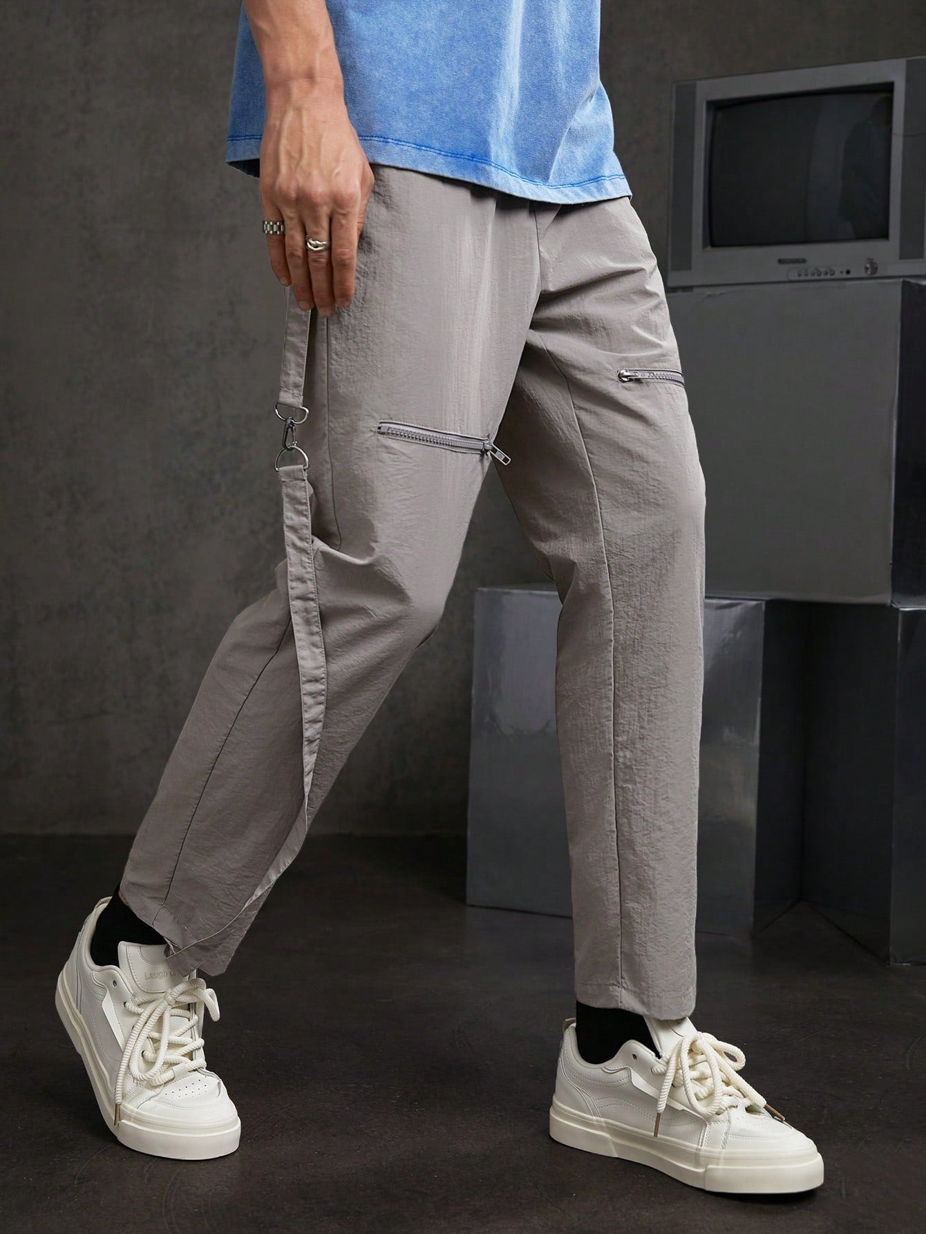 Men's Zipper Design Woven Long Pants