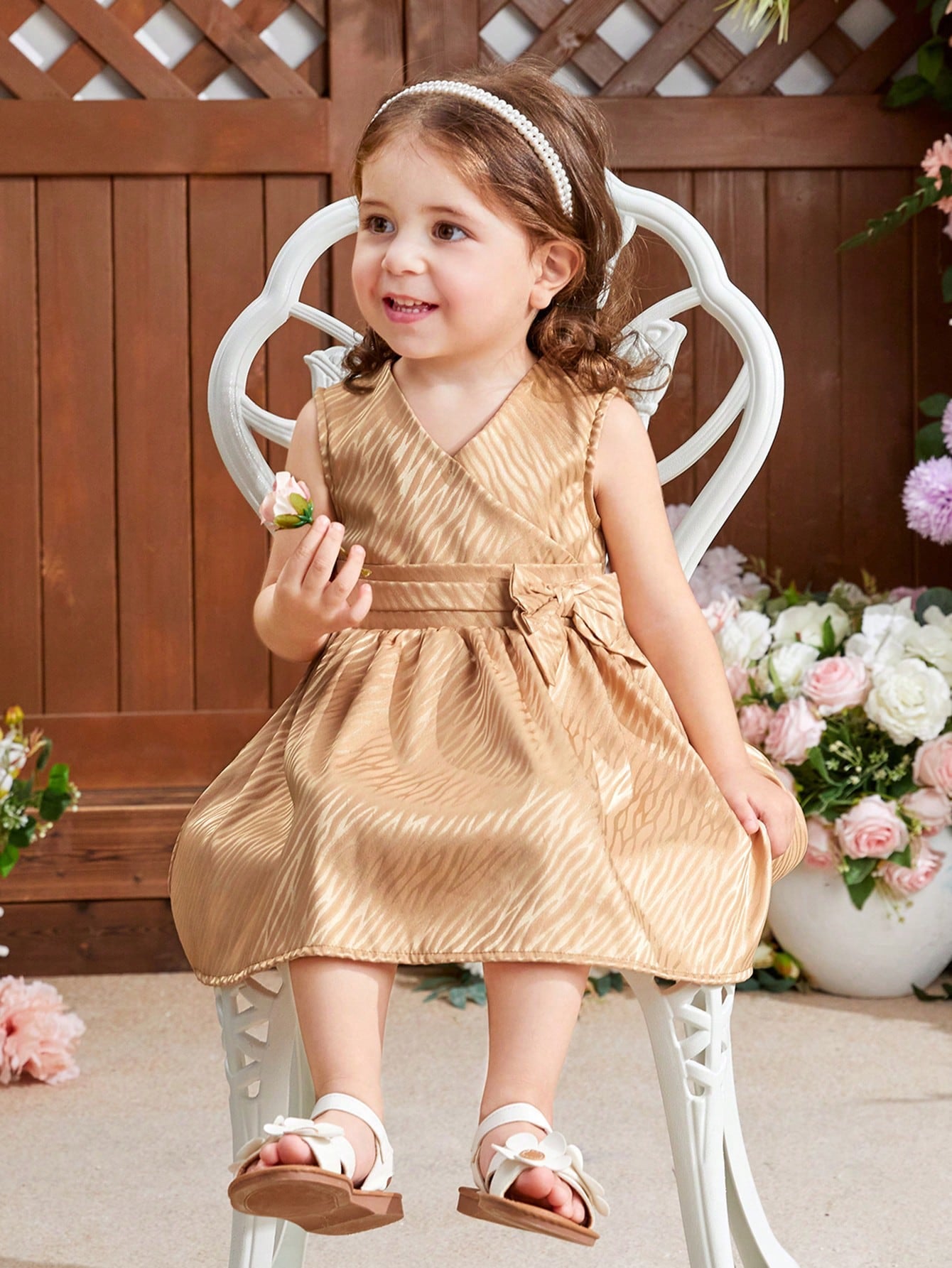 Baby Girl's Sleeveless Floral Jacquard Dress In Champagne Color, Perfect For Daily And Casual Wear, Spring And Summer