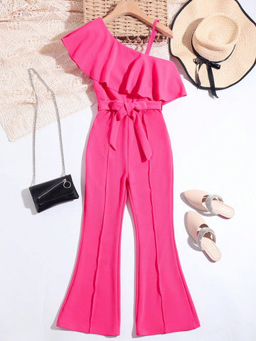 Teen Girl's Asymmetric Neck Wide Leg Jumpsuit With Ruffle Trims And Waist Belt