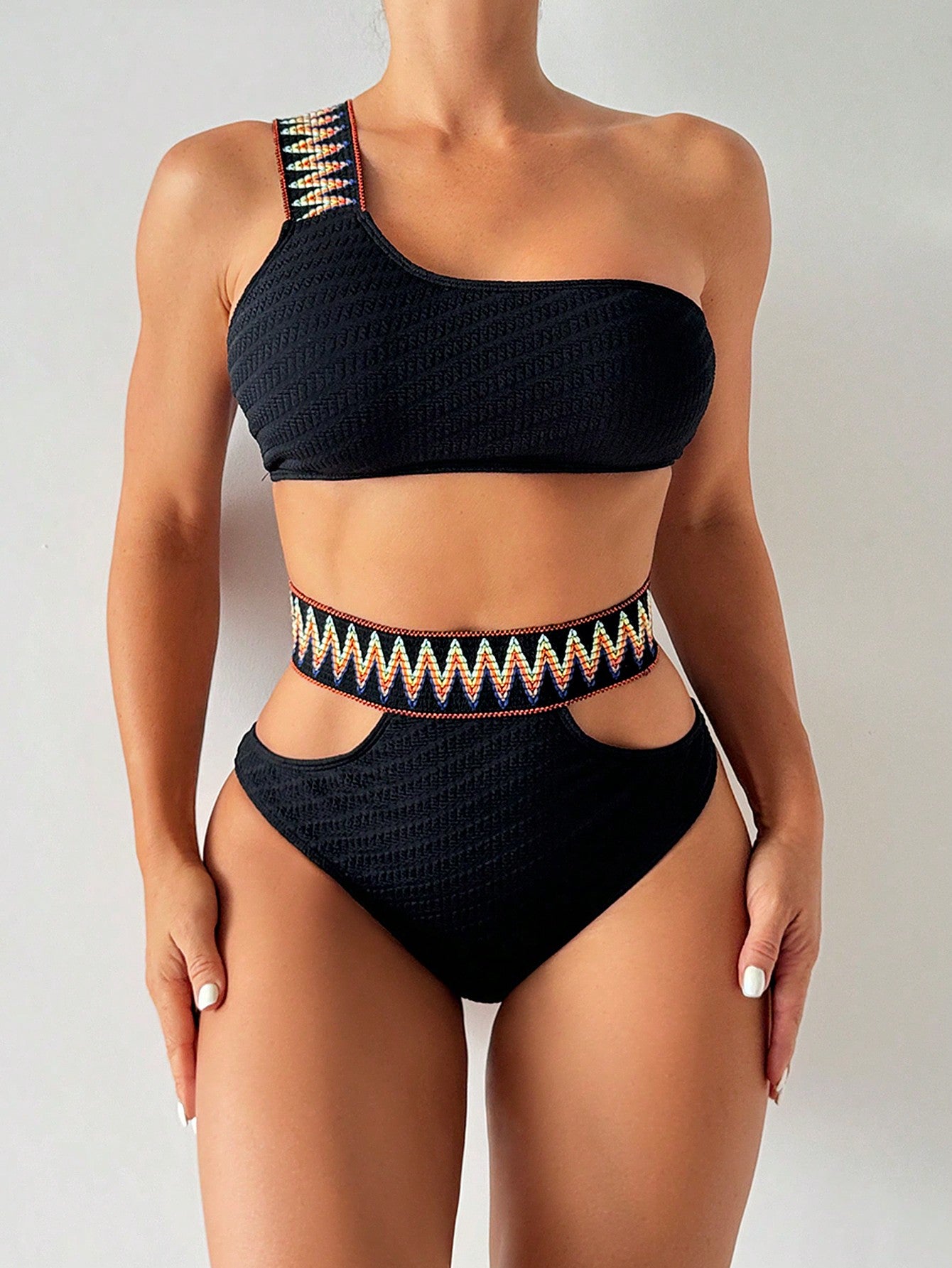 Women'S Single Shoulder One-Piece Swimsuit With Weave Strap Splicing