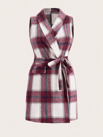 Plus Size Plaid Print Halter Neck Sleeveless Dress With Shawl Collar