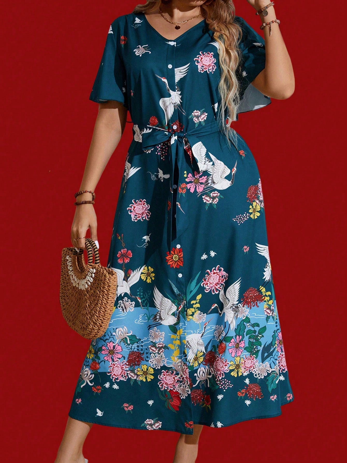 Plus Size Women'S Floral Printed Button Front Dress