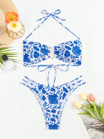 Flower Print Halter Neck Hollow Out Bikini Set