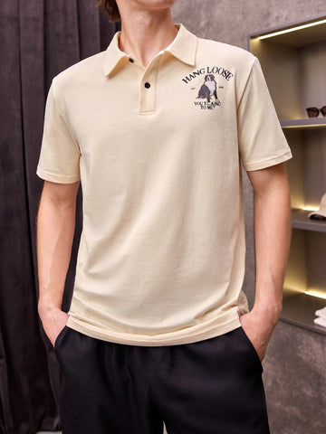 Men's Knitted Short Sleeve Polo Shirt With Letter And Dog Print