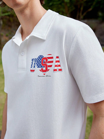 Men's Knitted Polo Shirt With Letter Print Short Sleeve