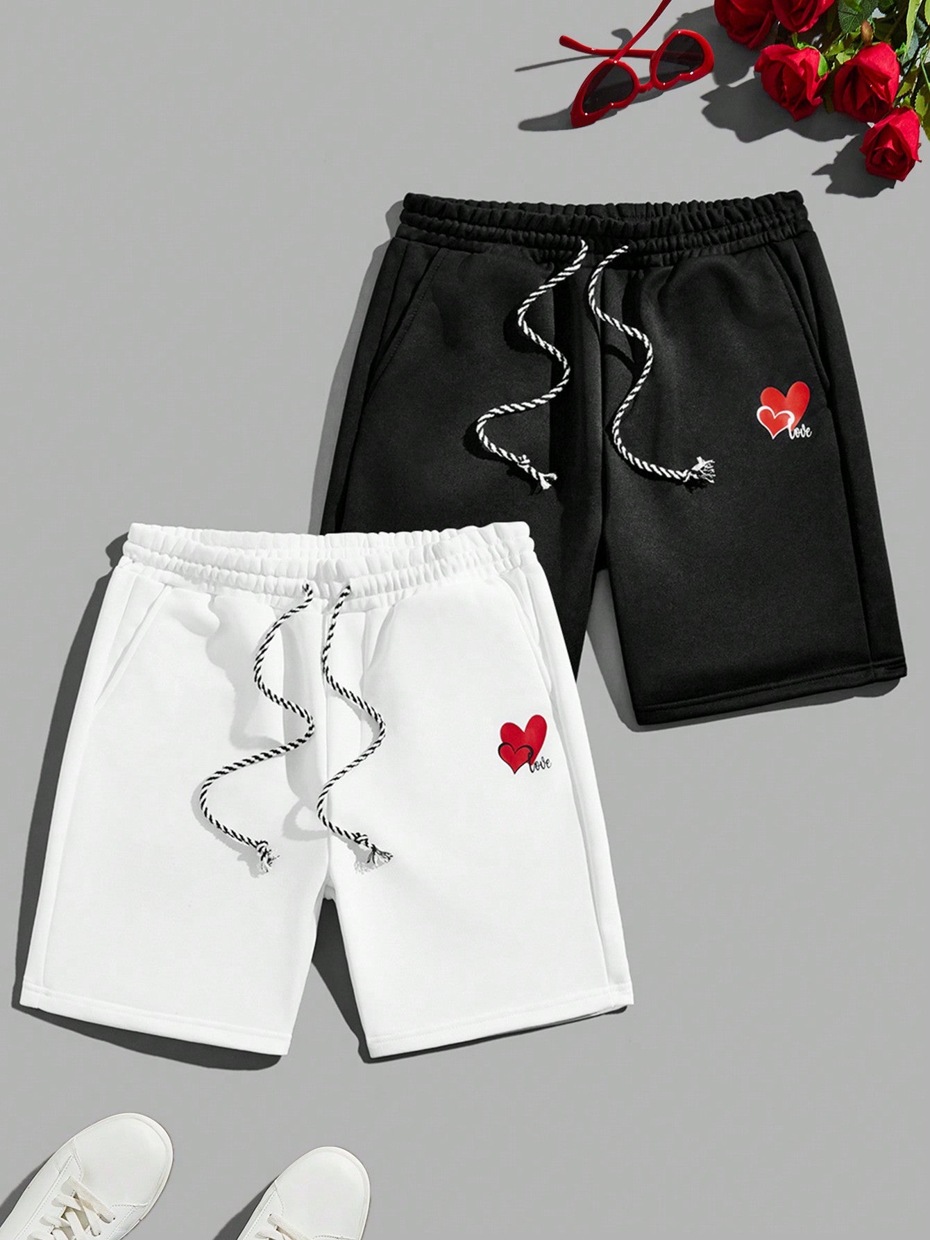 Men's Knitted Shorts With Letter & Heart Print